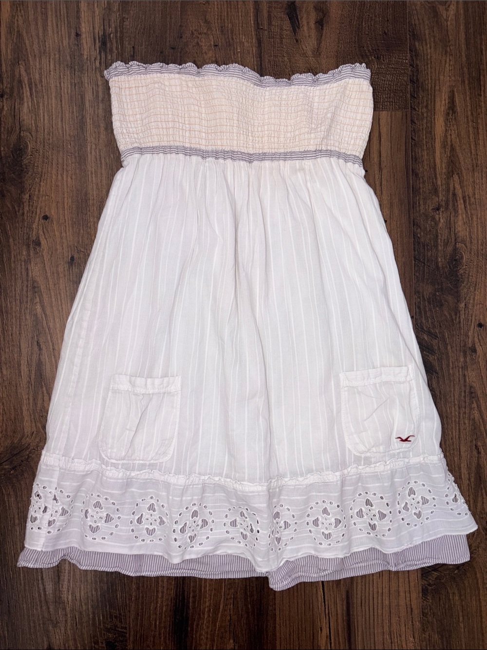 Hollister White Strapless Eyelet Summer Dress with Lavender Trim